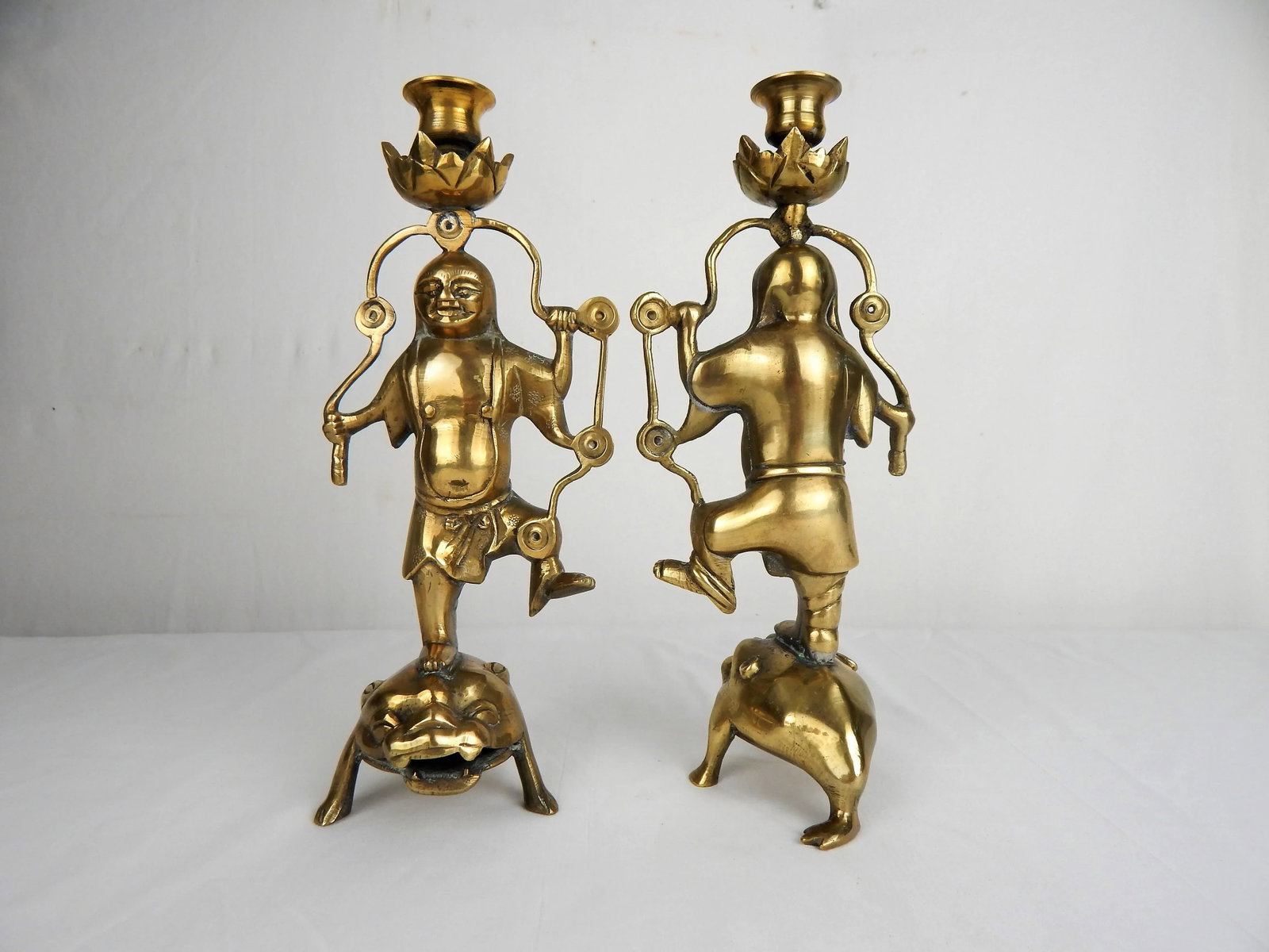 Asian Figurative Brass Candle Holders, Pair - 4