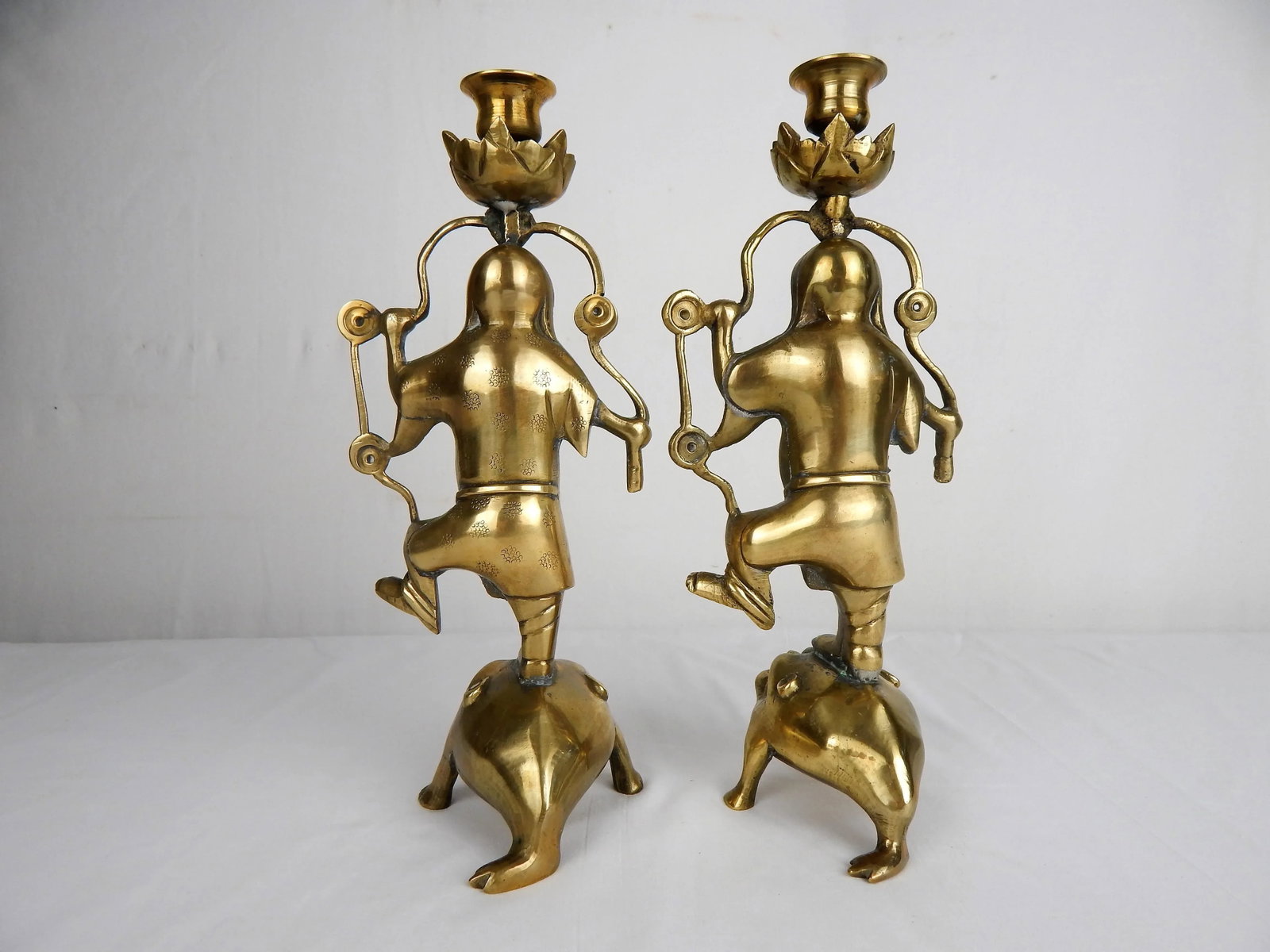 Asian Figurative Brass Candle Holders, Pair - 5
