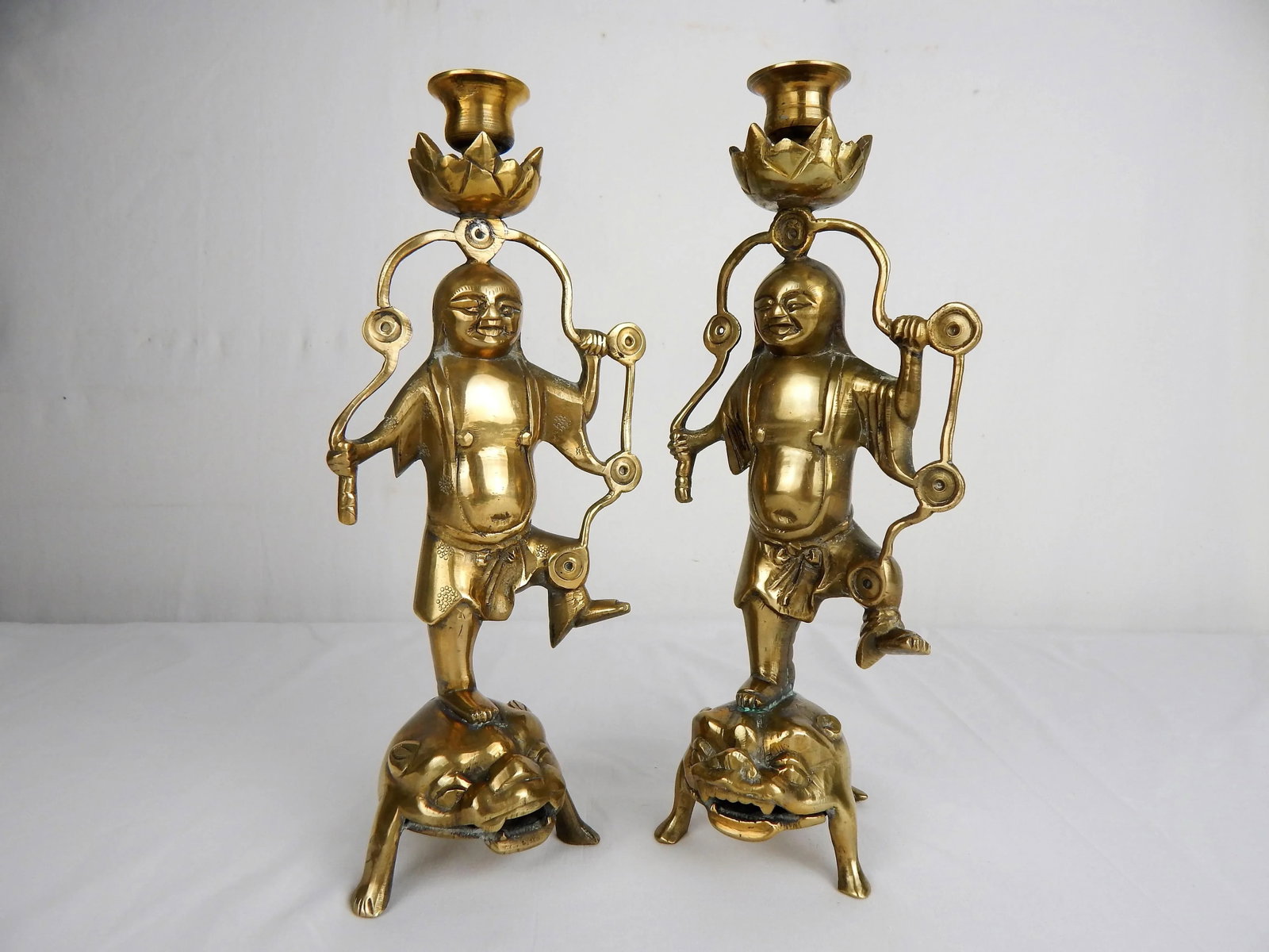 Asian Figurative Brass Candle Holders, Pair - 6