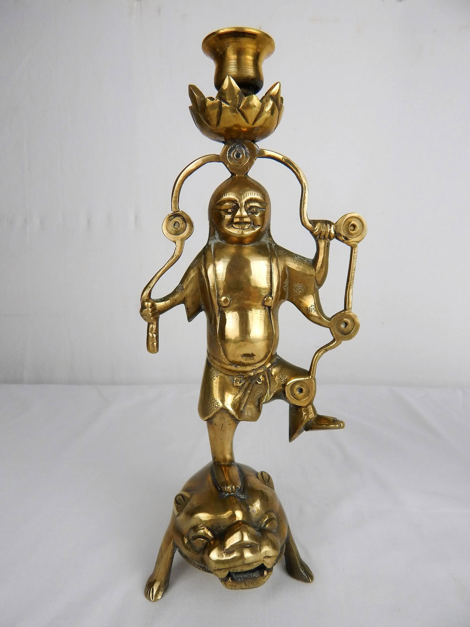 Asian Figurative Brass Candle Holders, Pair - 7