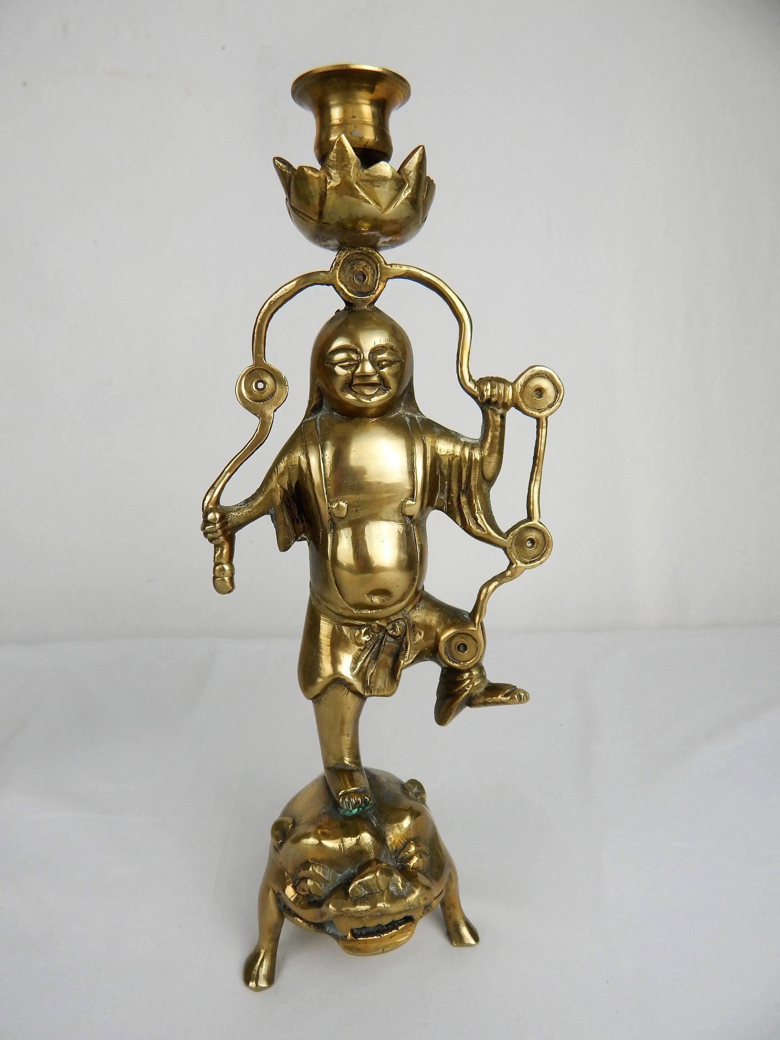 Asian Figurative Brass Candle Holders, Pair - 8