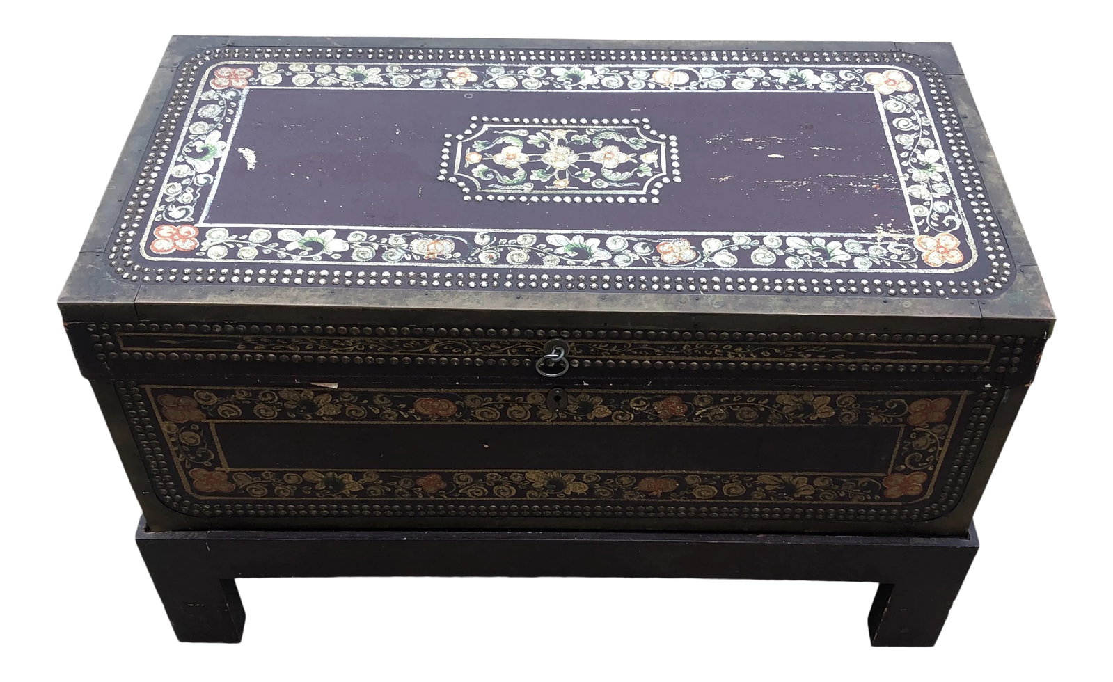 1940s Painted Leather and Studded Trunk: Up For Sale Is A Beautiful Leather Studded Vintage Trunk On Stand With Flower Details. Condition: Alterations: Original Condition Unaltered Imperfections: Some Imperfections Condition Notes: In good a