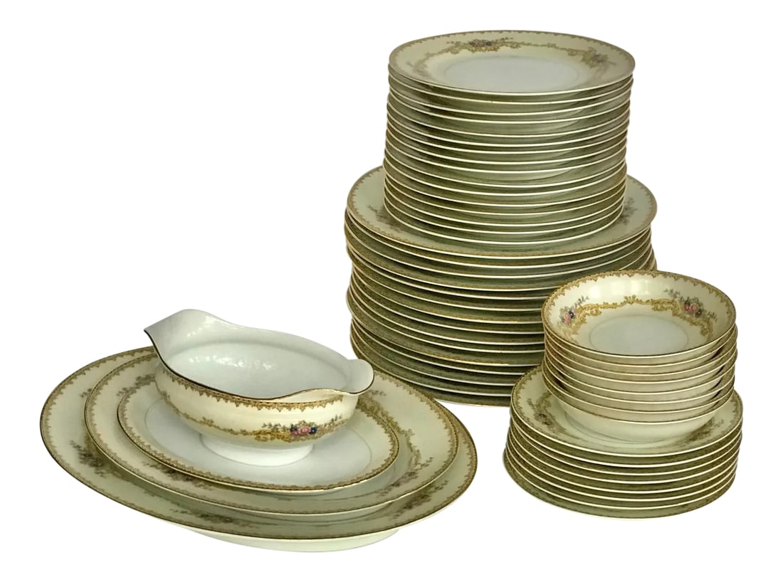 Vintage Noritake China Farland Pattern - Set of 50: Vintage porcelain Noritake China in the rare Farland Pattern. Farland is a vintage pattern originally introduced around 1921 with floral garland design and gold scrolls. Pattern # 85200, 86200 and "US