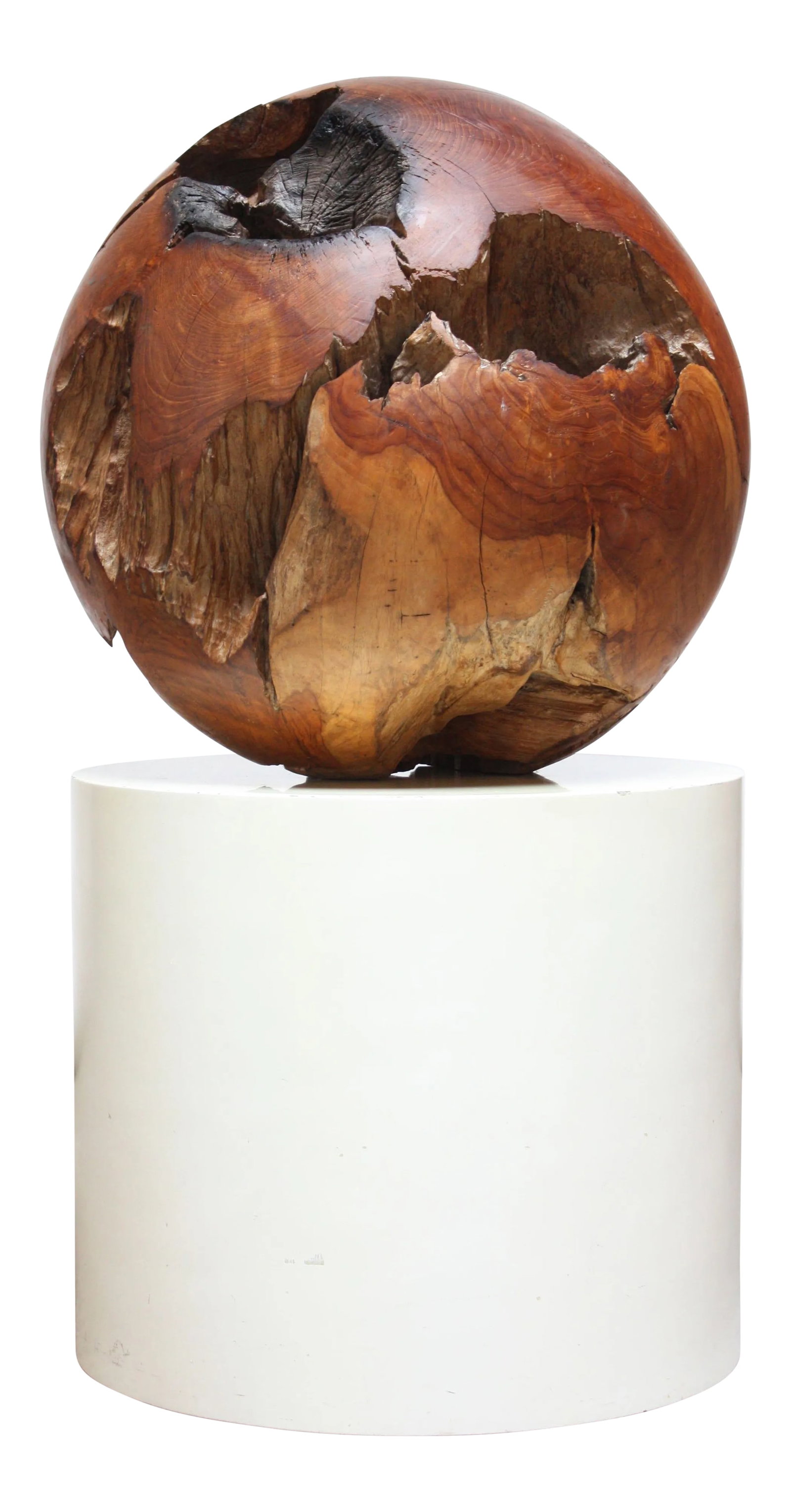 Large Midcentury Redwood Burl Sphere Sculpture: Magnificent and monumental in scale (26" in diameter / 79" circumference) redwood burl sphere. Can be used as a stand-alone impressive sculpture / decorative object or, with slight modification and
