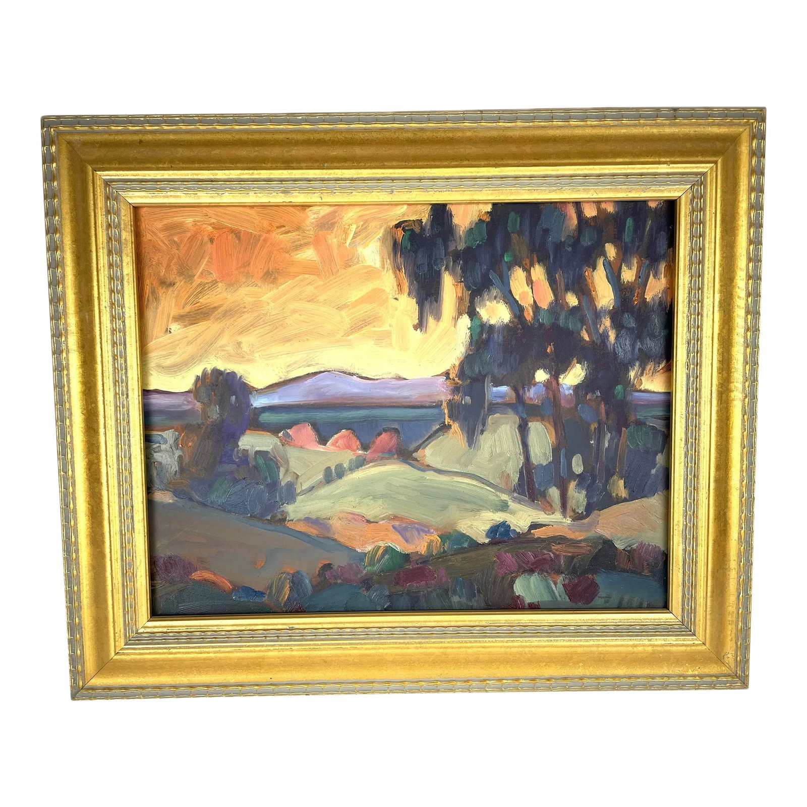 "San Francisco Bay" James Hartman Plein Air Oil Painting: Hang this delightful James Hartman oil painting on your wall, sit back, and enjoy! Titled "San Francisco Bay", the oil on board itself measures 11" x 14"; with the gold leaf frame the overall
