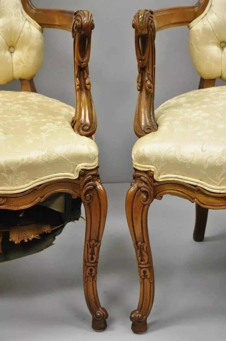 Vintage Hollywood Regency French Louis Style Drape Carved Arm Chairs - a Pair - 10