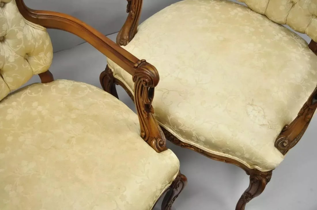 Vintage Hollywood Regency French Louis Style Drape Carved Arm Chairs - a Pair - 11