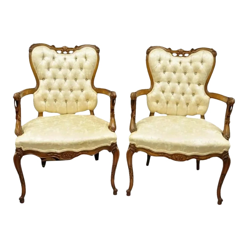 Vintage Hollywood Regency French Louis Style Drape Carved Arm Chairs - a Pair: Vintage Hollywood Regency French Louis Style Drape Carved Arm Chairs - a Pair. Item features open drape carved arms, nicely carved top rail, solid wood construction, cabriole legs, great style and
