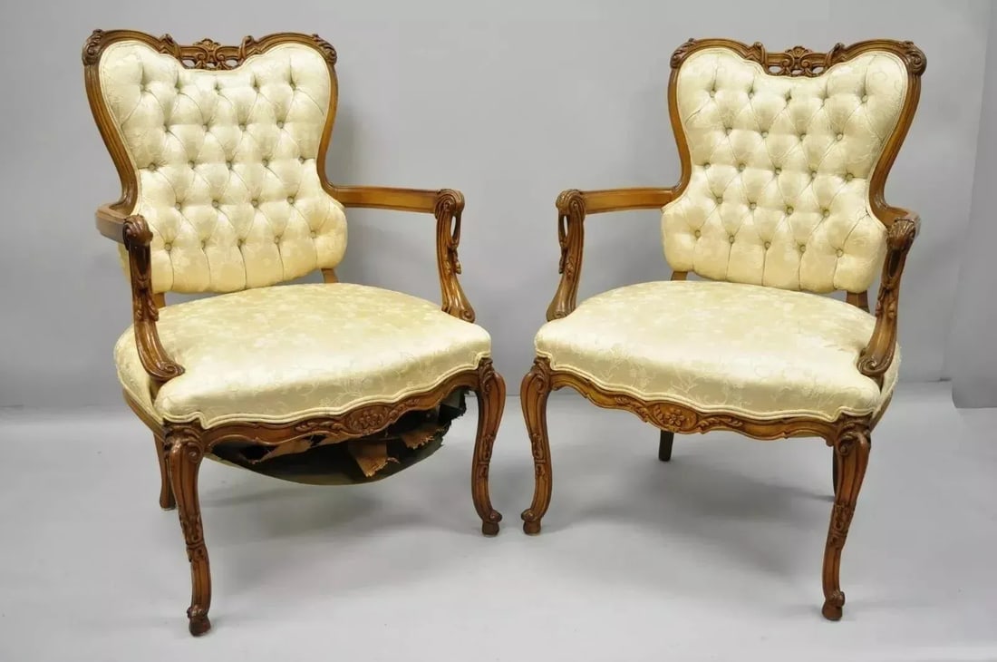 Vintage Hollywood Regency French Louis Style Drape Carved Arm Chairs - a Pair - 2