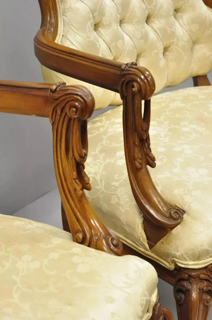 Vintage Hollywood Regency French Louis Style Drape Carved Arm Chairs - a Pair - 4