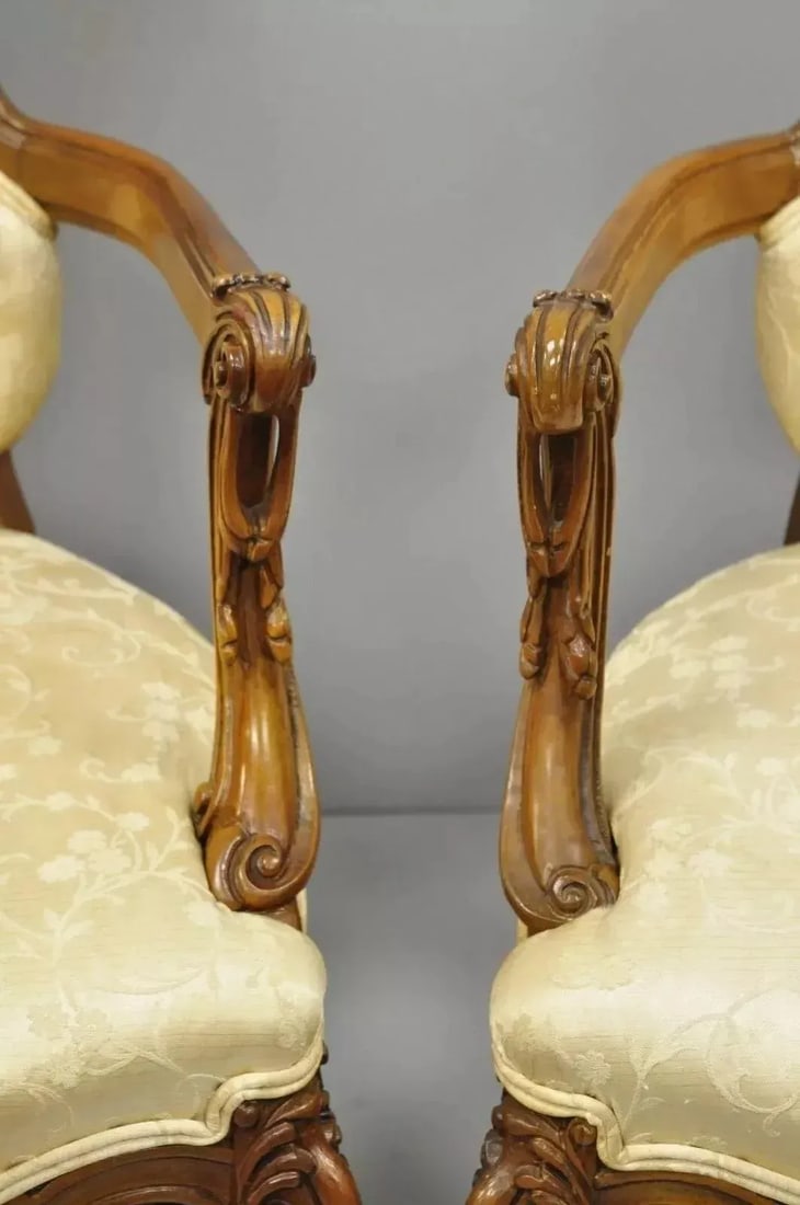Vintage Hollywood Regency French Louis Style Drape Carved Arm Chairs - a Pair - 5
