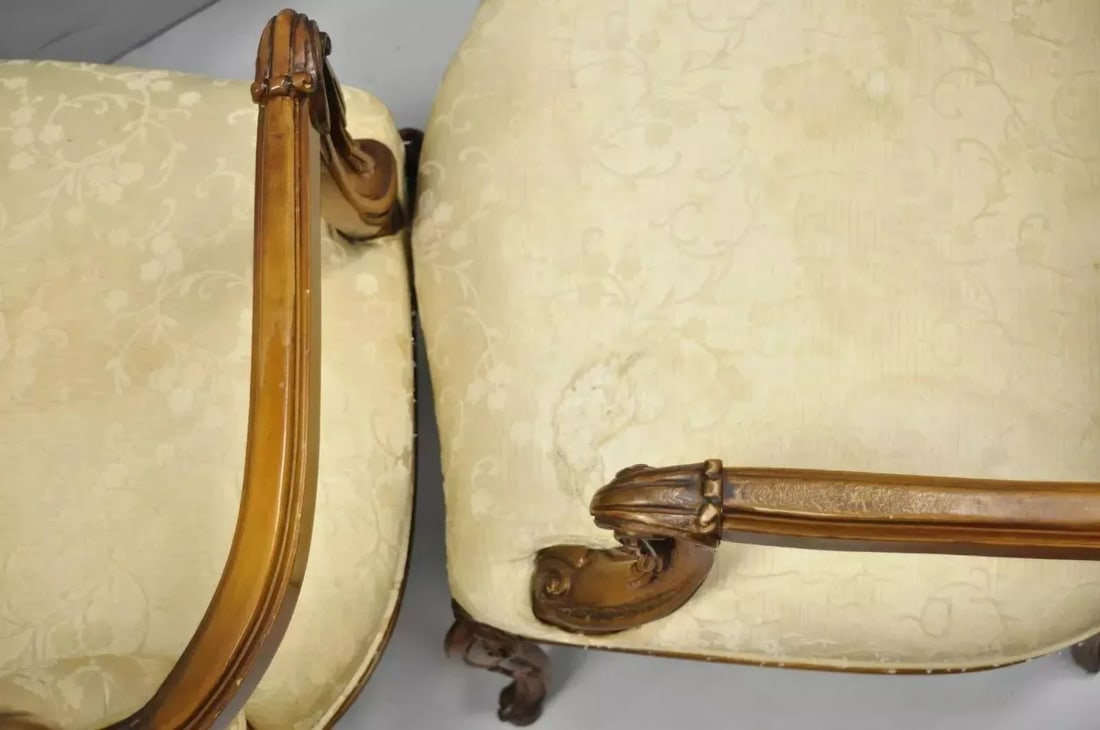 Vintage Hollywood Regency French Louis Style Drape Carved Arm Chairs - a Pair - 8