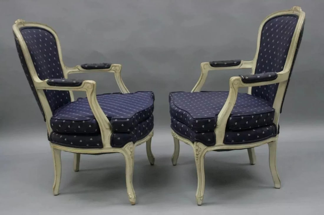 Vintage French Country Louis XV Style White Painted Arm Chairs - a Pair - 10