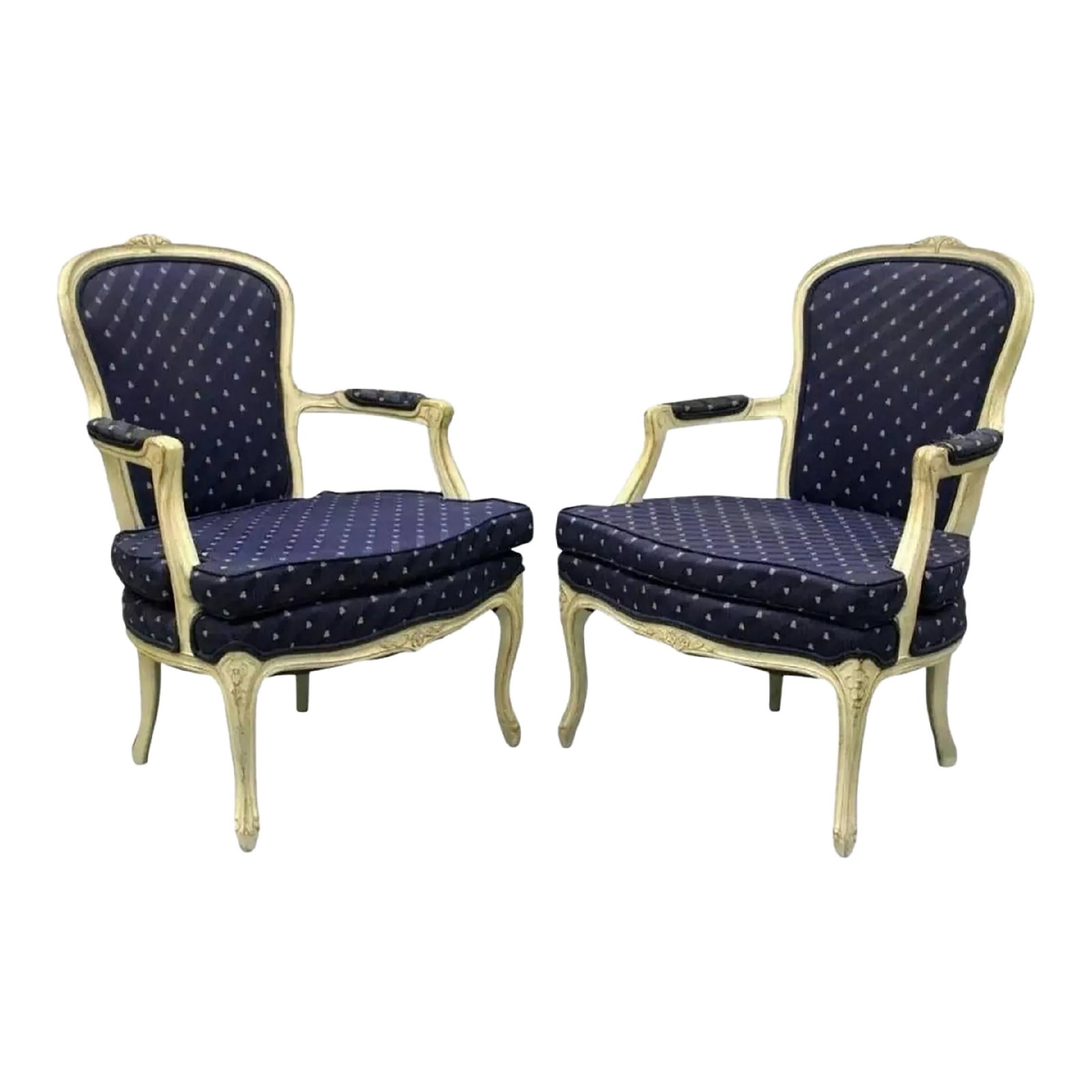 Vintage French Country Louis XV Style White Painted Arm Chairs - a Pair: Vintage French Country Louis XV Style White Painted Arm Chairs - a Pair. Item features carved cabriole legs, solid wood frames, distressed white/cream painted finish. Circa Mid 20th Century.