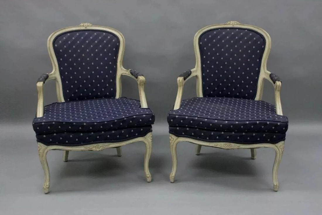 Vintage French Country Louis XV Style White Painted Arm Chairs - a Pair - 2