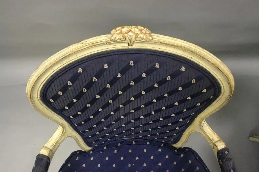 Vintage French Country Louis XV Style White Painted Arm Chairs - a Pair - 3