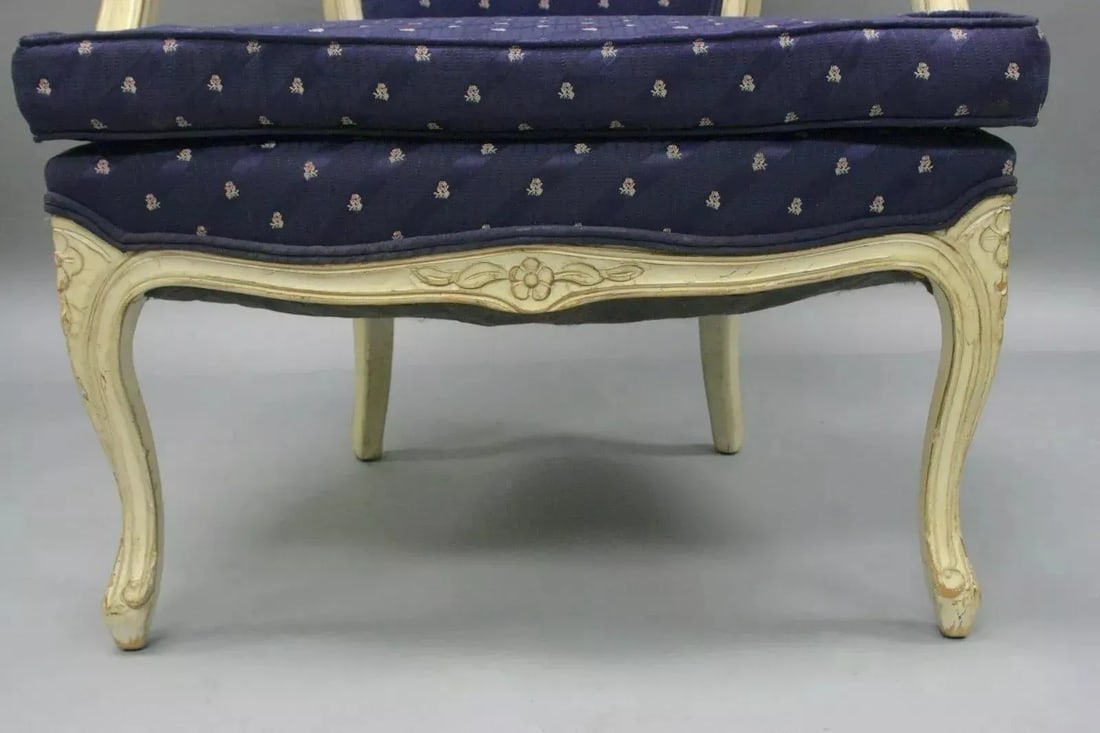 Vintage French Country Louis XV Style White Painted Arm Chairs - a Pair - 4