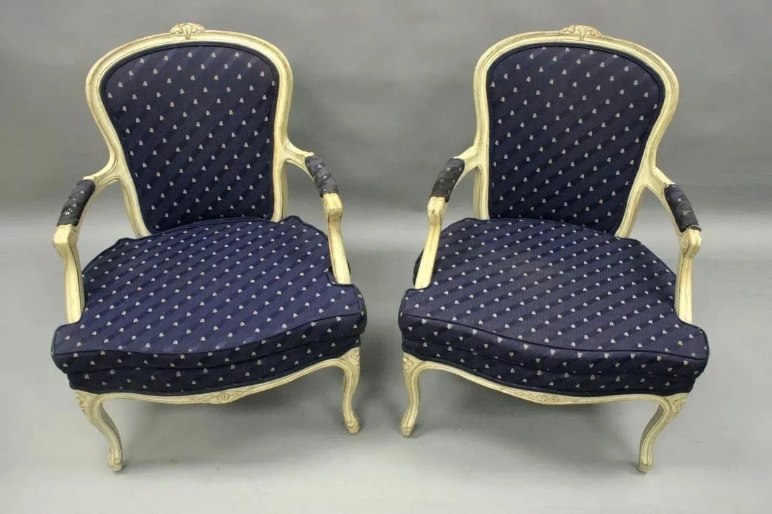 Vintage French Country Louis XV Style White Painted Arm Chairs - a Pair - 8