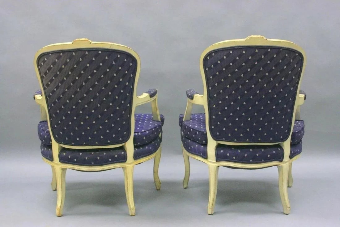 Vintage French Country Louis XV Style White Painted Arm Chairs - a Pair - 9