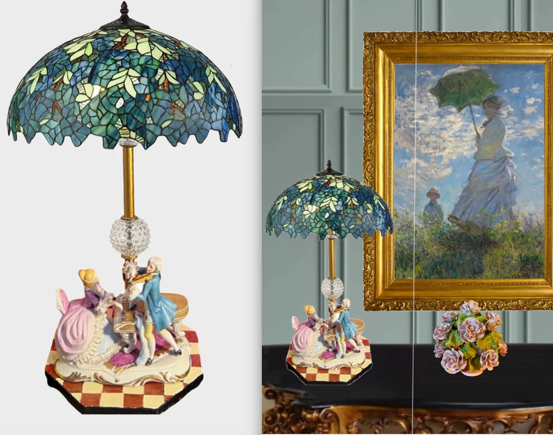 Vintage Porcelain Figural Table Lamp: Musician Couple - 10