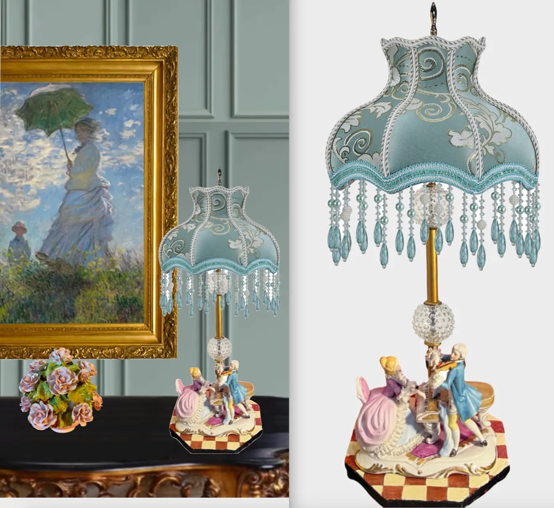 Vintage Porcelain Figural Table Lamp: Musician Couple - 9