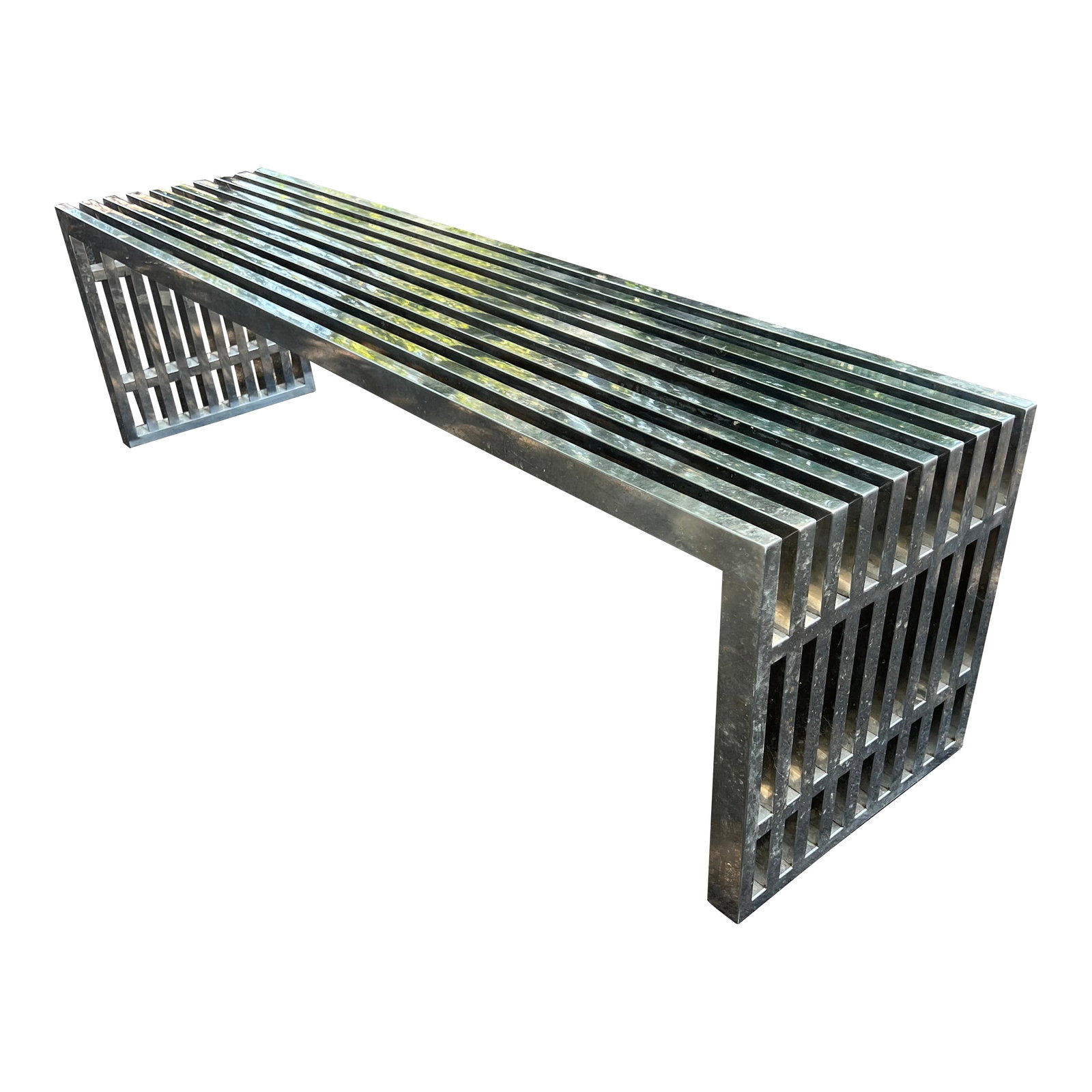1970s Milo Baughman Style Chrome Slat Bench: Sleek modernist metal slat bench in the manner of Milo Baughman. Chrome plated metal with lucite spacers. The length of this bench measure 59" and can be used indoors or outdoors. Also suitable as a c