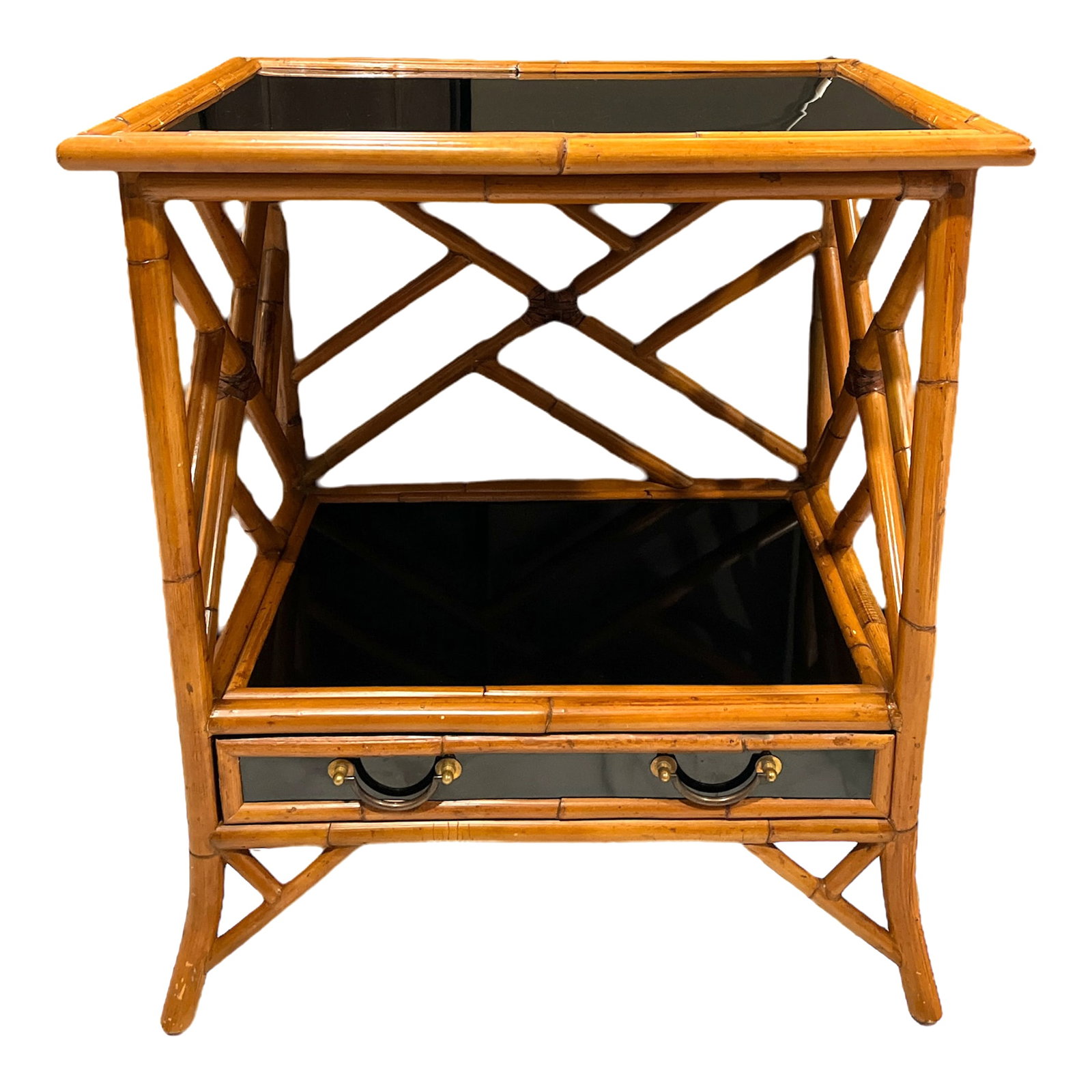 1970s Vintage Bamboo, Leather and Black Lacquer Side Table or Small Bar Regency Chinoiserie Style: Vintage bamboo table featuring a frame with a geometric, criss-cross Chinoiserie design on the sides and back. The tabletop and lower shelf are made of a sleek black lacquered material, drawing a refi