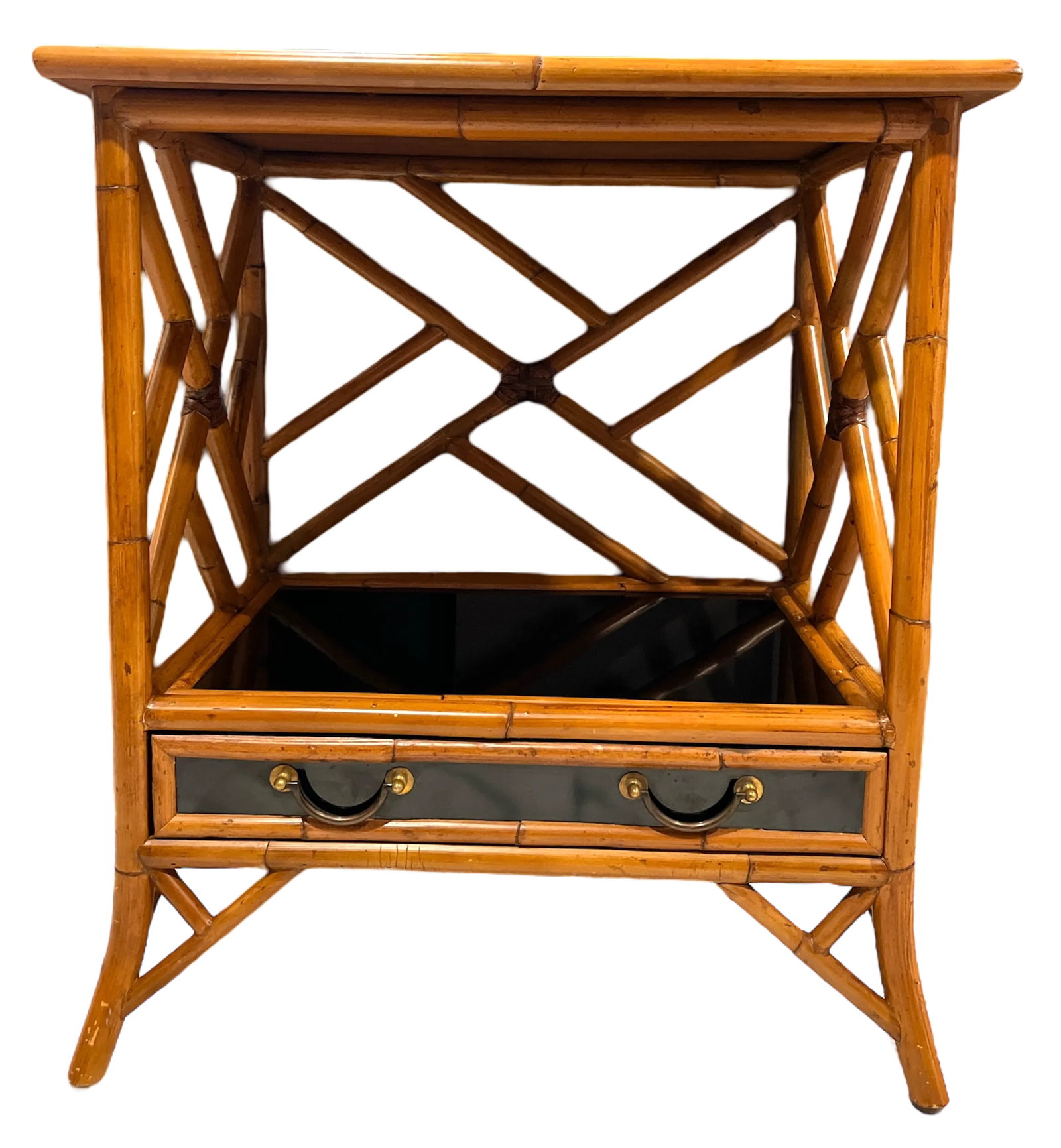 1970s Vintage Bamboo, Leather and Black Lacquer Side Table or Small Bar Regency Chinoiserie Style - 3