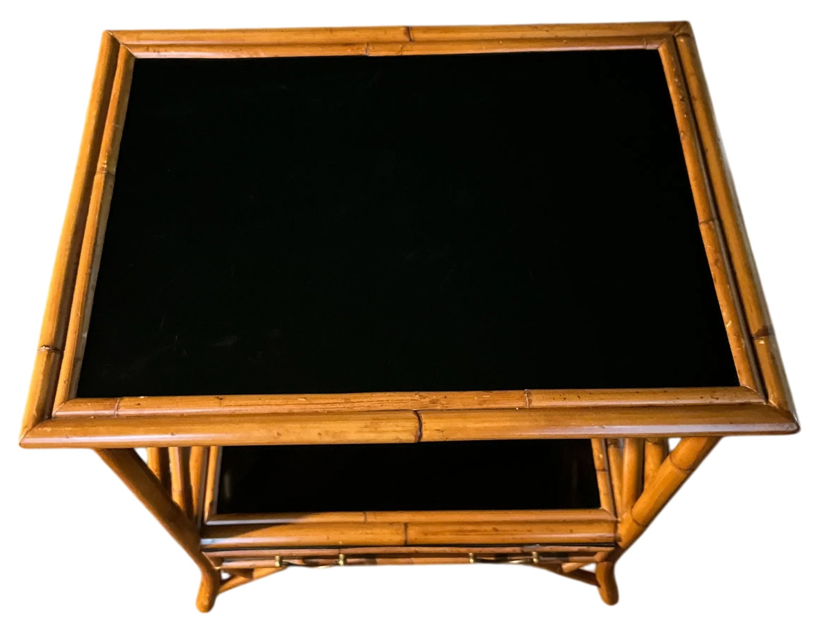 1970s Vintage Bamboo, Leather and Black Lacquer Side Table or Small Bar Regency Chinoiserie Style - 4