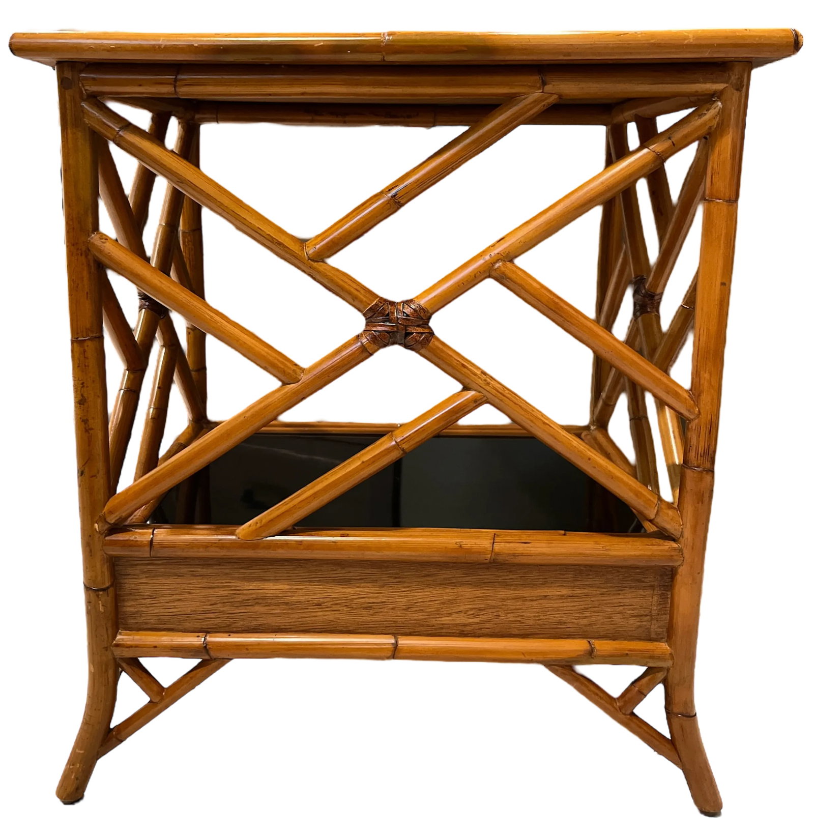 1970s Vintage Bamboo, Leather and Black Lacquer Side Table or Small Bar Regency Chinoiserie Style - 5