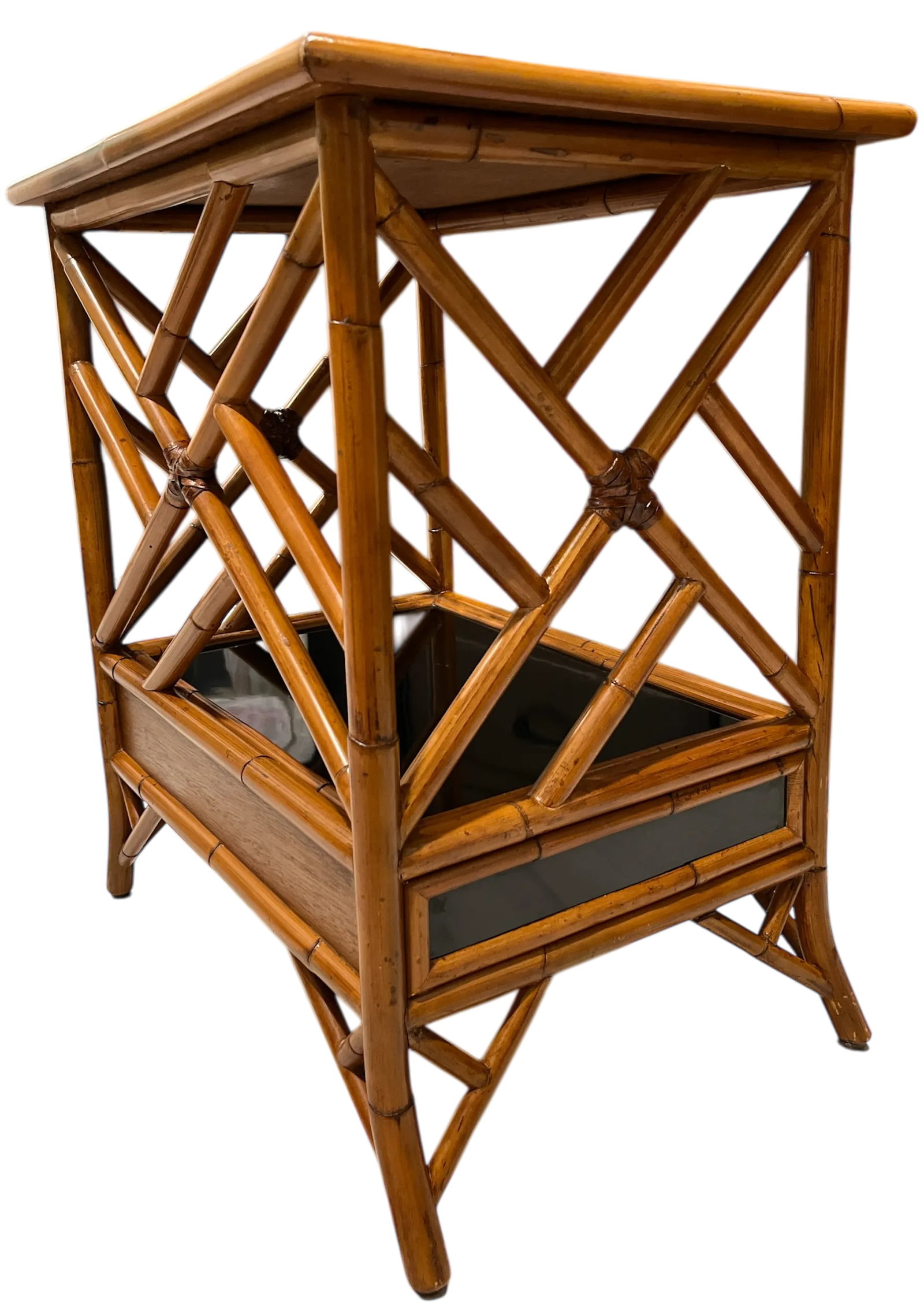 1970s Vintage Bamboo, Leather and Black Lacquer Side Table or Small Bar Regency Chinoiserie Style - 6
