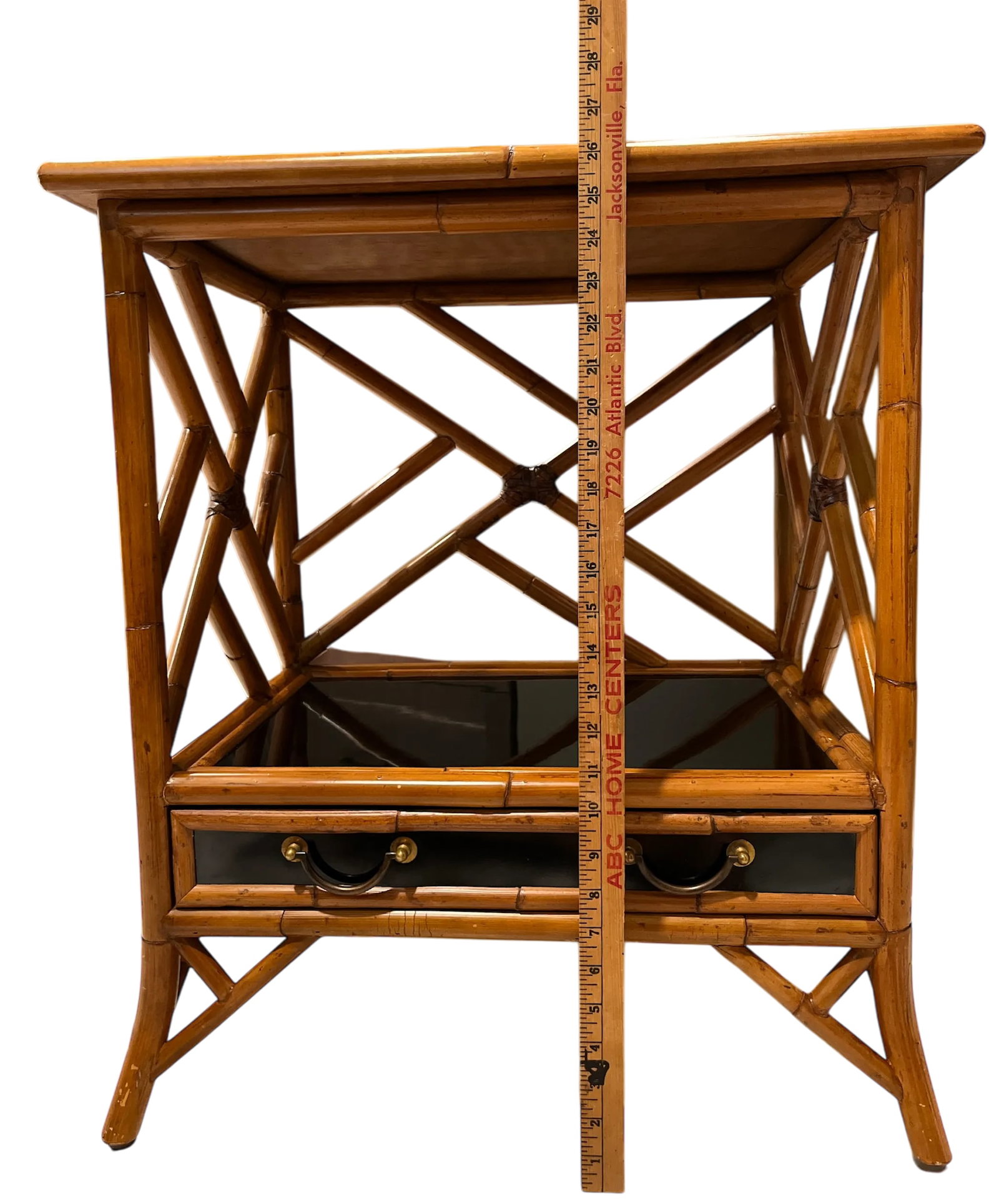 1970s Vintage Bamboo, Leather and Black Lacquer Side Table or Small Bar Regency Chinoiserie Style - 8