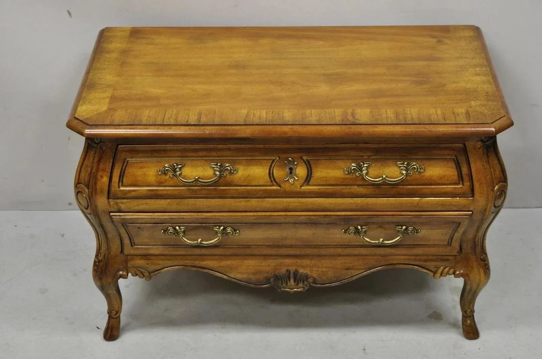 Mid 20th Century Drexel Heritage French Provincial Fruitwood Bombe Low Commode Nightstand Chest - 10