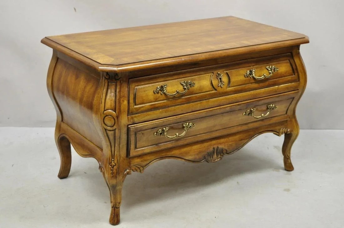 Mid 20th Century Drexel Heritage French Provincial Fruitwood Bombe Low Commode Nightstand Chest - 2