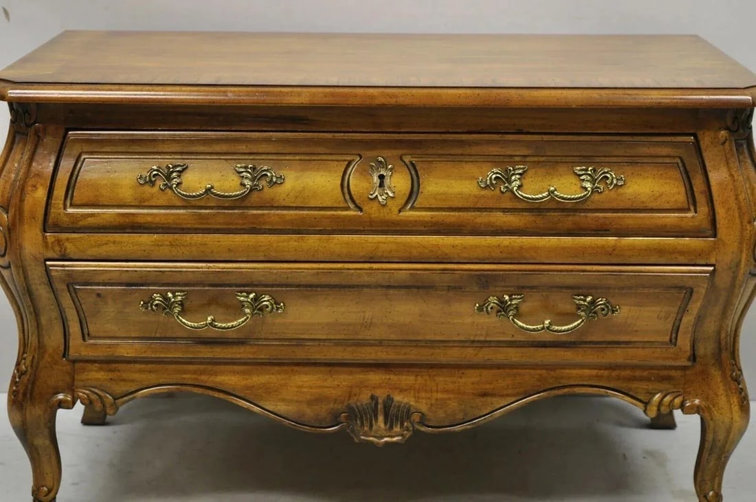 Mid 20th Century Drexel Heritage French Provincial Fruitwood Bombe Low Commode Nightstand Chest - 3
