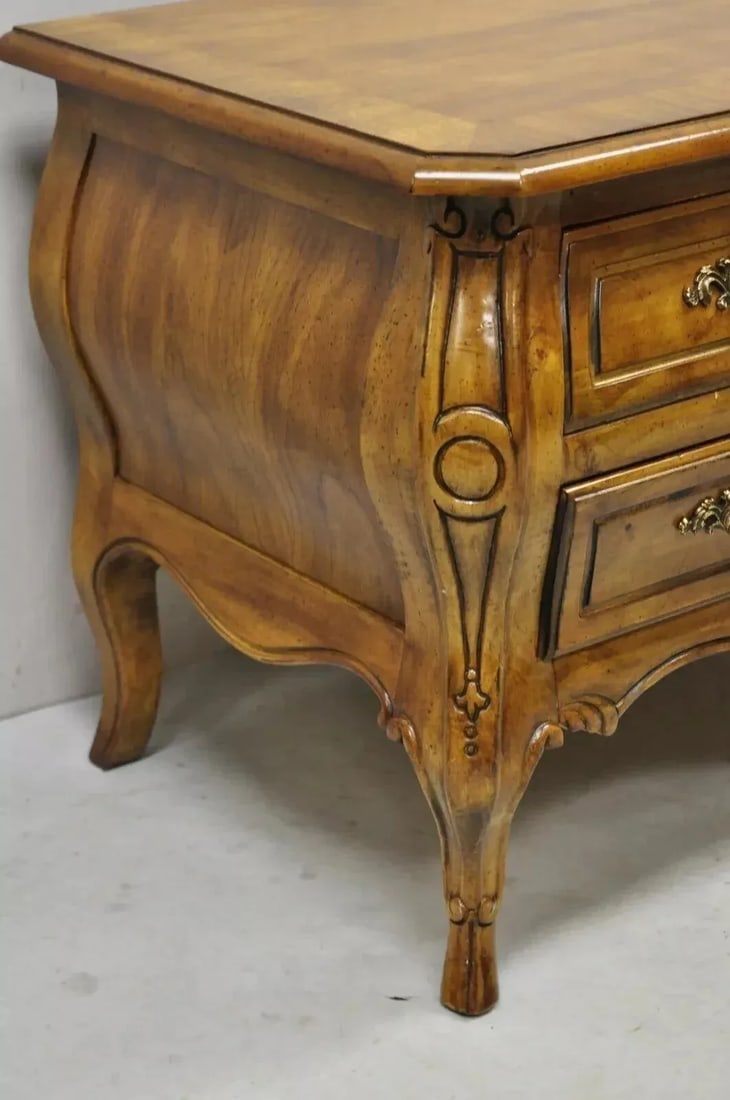 Mid 20th Century Drexel Heritage French Provincial Fruitwood Bombe Low Commode Nightstand Chest - 4