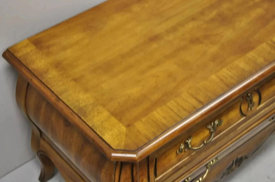 Mid 20th Century Drexel Heritage French Provincial Fruitwood Bombe Low Commode Nightstand Chest - 5