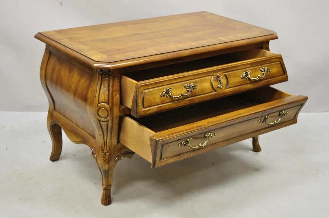 Mid 20th Century Drexel Heritage French Provincial Fruitwood Bombe Low Commode Nightstand Chest - 6