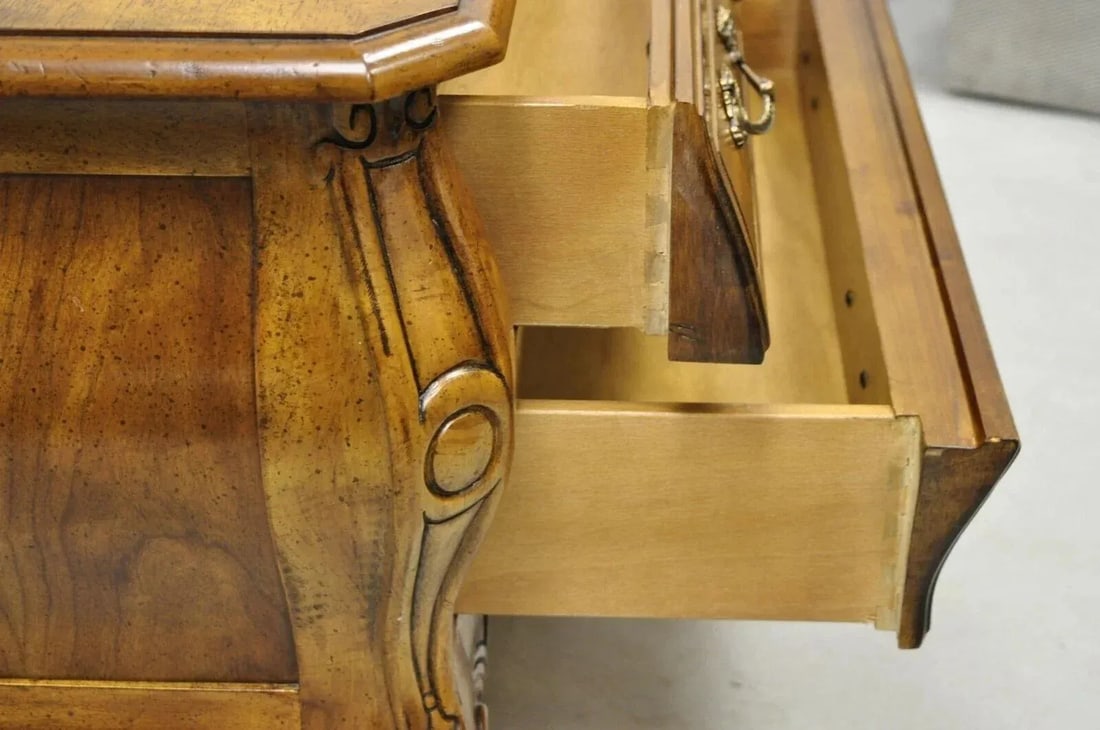 Mid 20th Century Drexel Heritage French Provincial Fruitwood Bombe Low Commode Nightstand Chest - 9