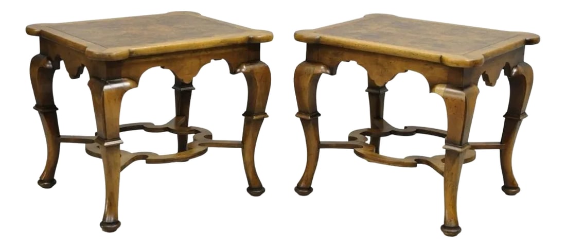 Vintage Baker Regency Style Burlwood Walnut Low Side End Tables - A Pair (1 of 12)