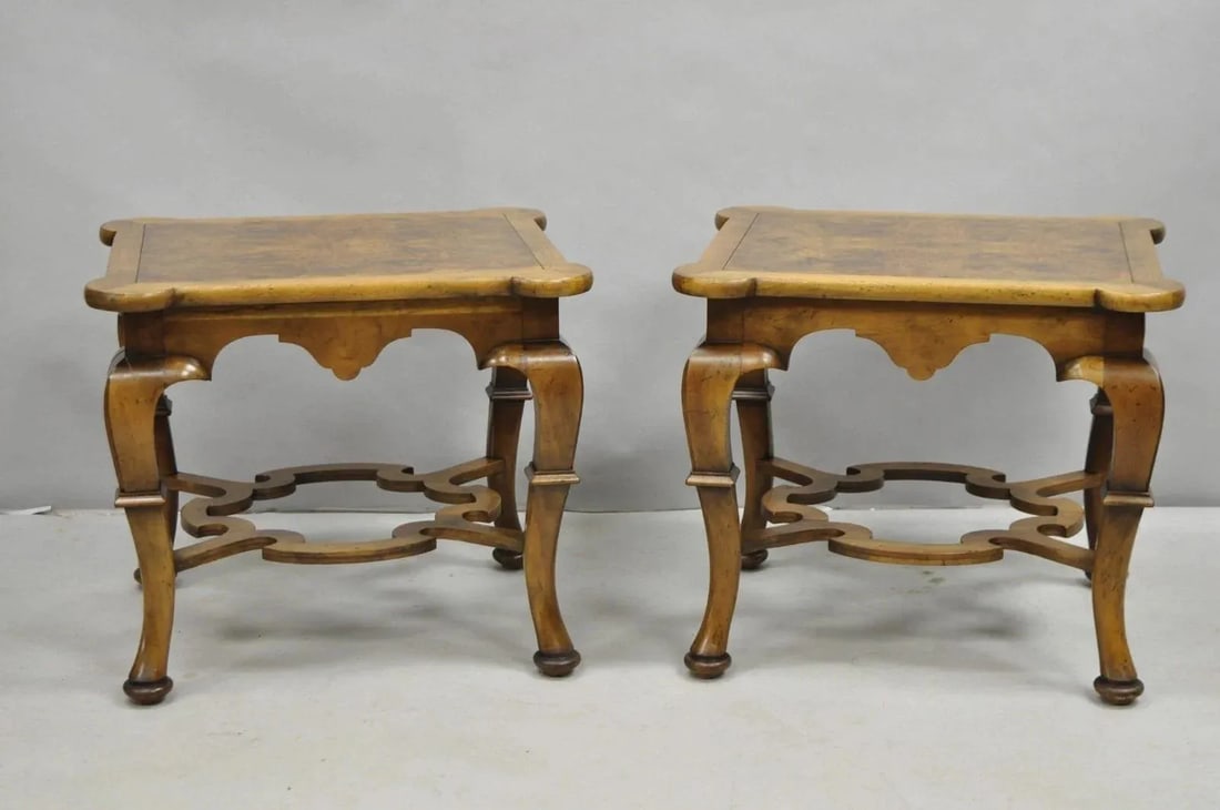 Vintage Baker Regency Style Burlwood Walnut Low Side End Tables - A Pair - 2