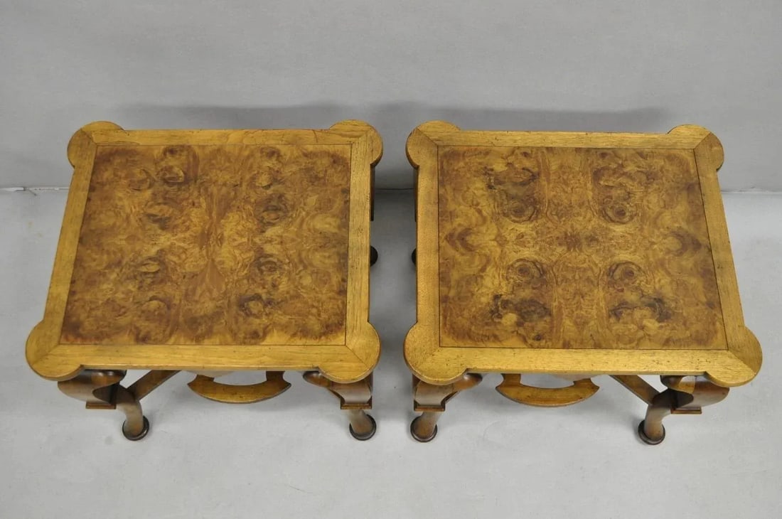 Vintage Baker Regency Style Burlwood Walnut Low Side End Tables - A Pair - 3