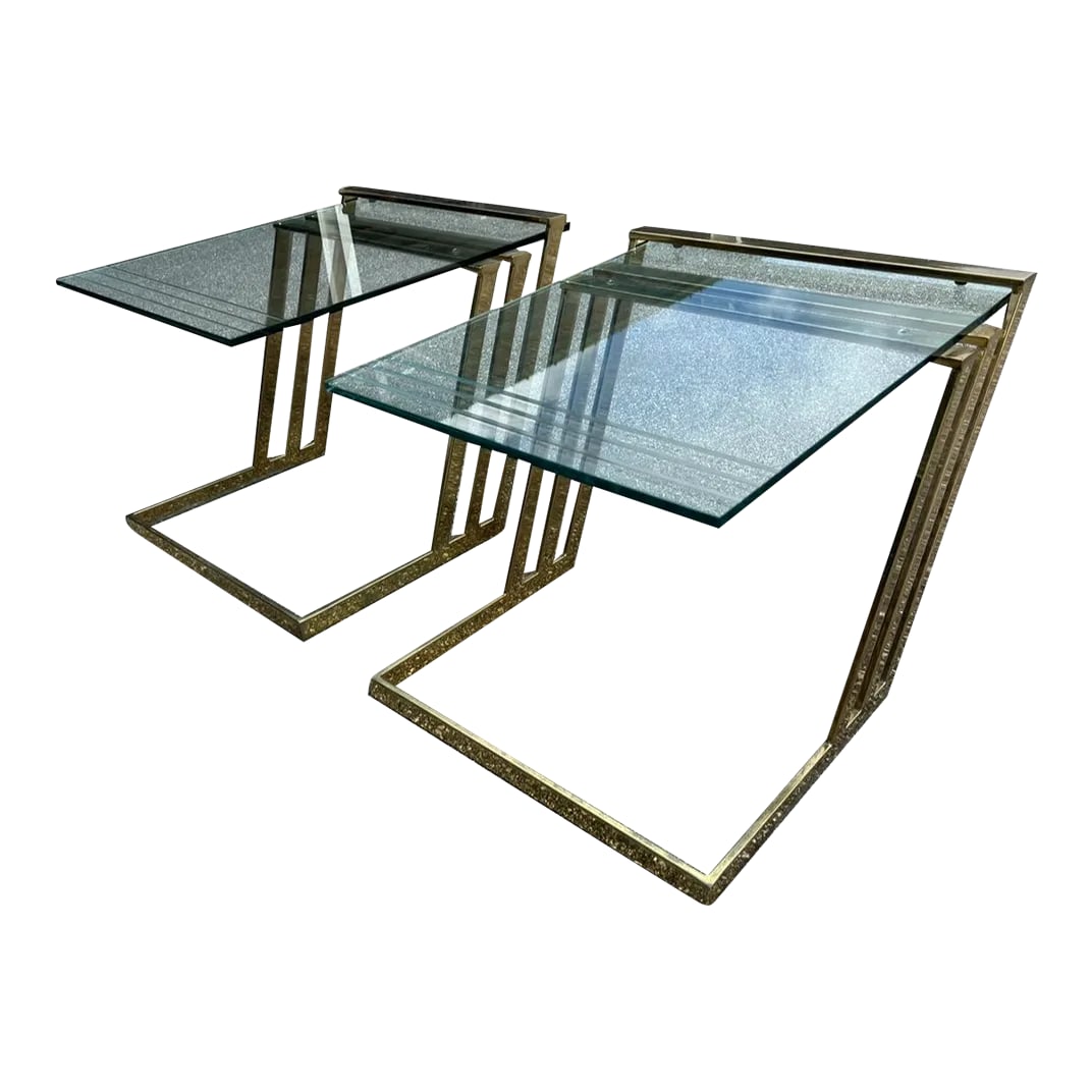 Polished Brass Flat Metal and Etched Striped Glass Top Coffee Table,: This elegant side tables will add a refined modern flare next to a couch or between armchairs in a modern home. Believed to Milo Baughman The support consists of three gold bars that give the piece a 