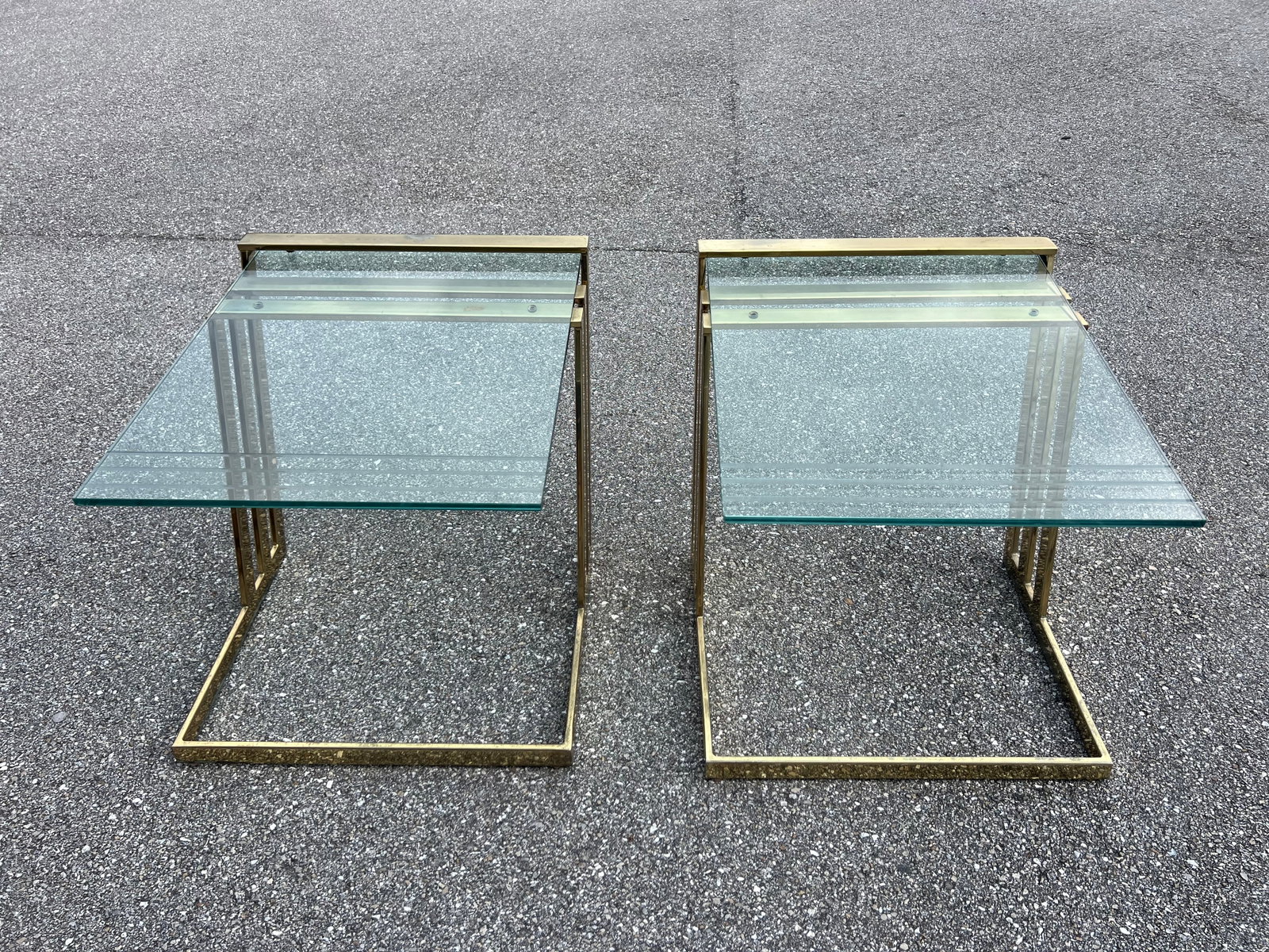 Polished Brass Flat Metal and Etched Striped Glass Top Coffee Table, - 2