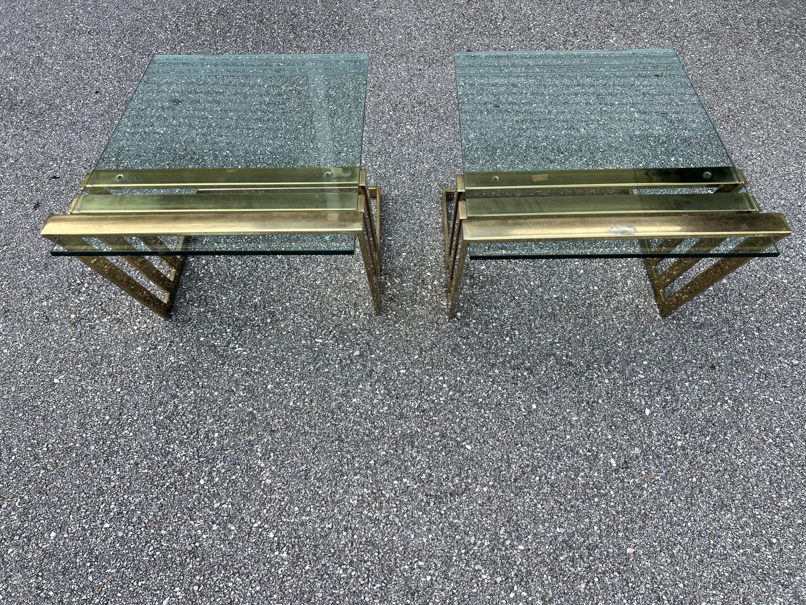 Polished Brass Flat Metal and Etched Striped Glass Top Coffee Table, - 3