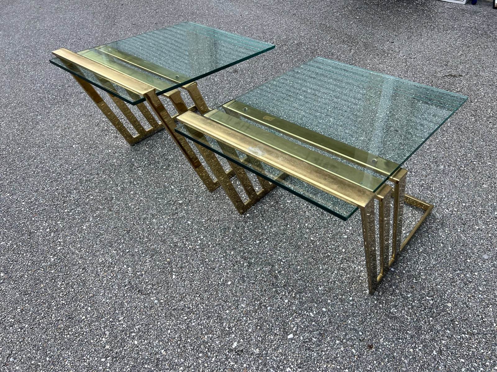 Polished Brass Flat Metal and Etched Striped Glass Top Coffee Table, - 4