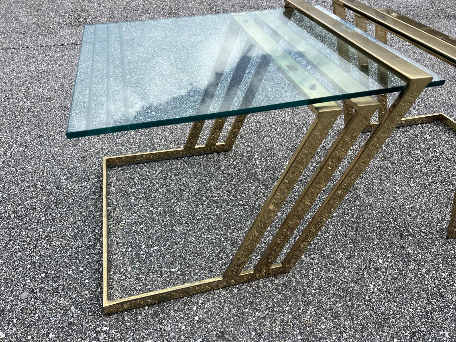Polished Brass Flat Metal and Etched Striped Glass Top Coffee Table, - 5