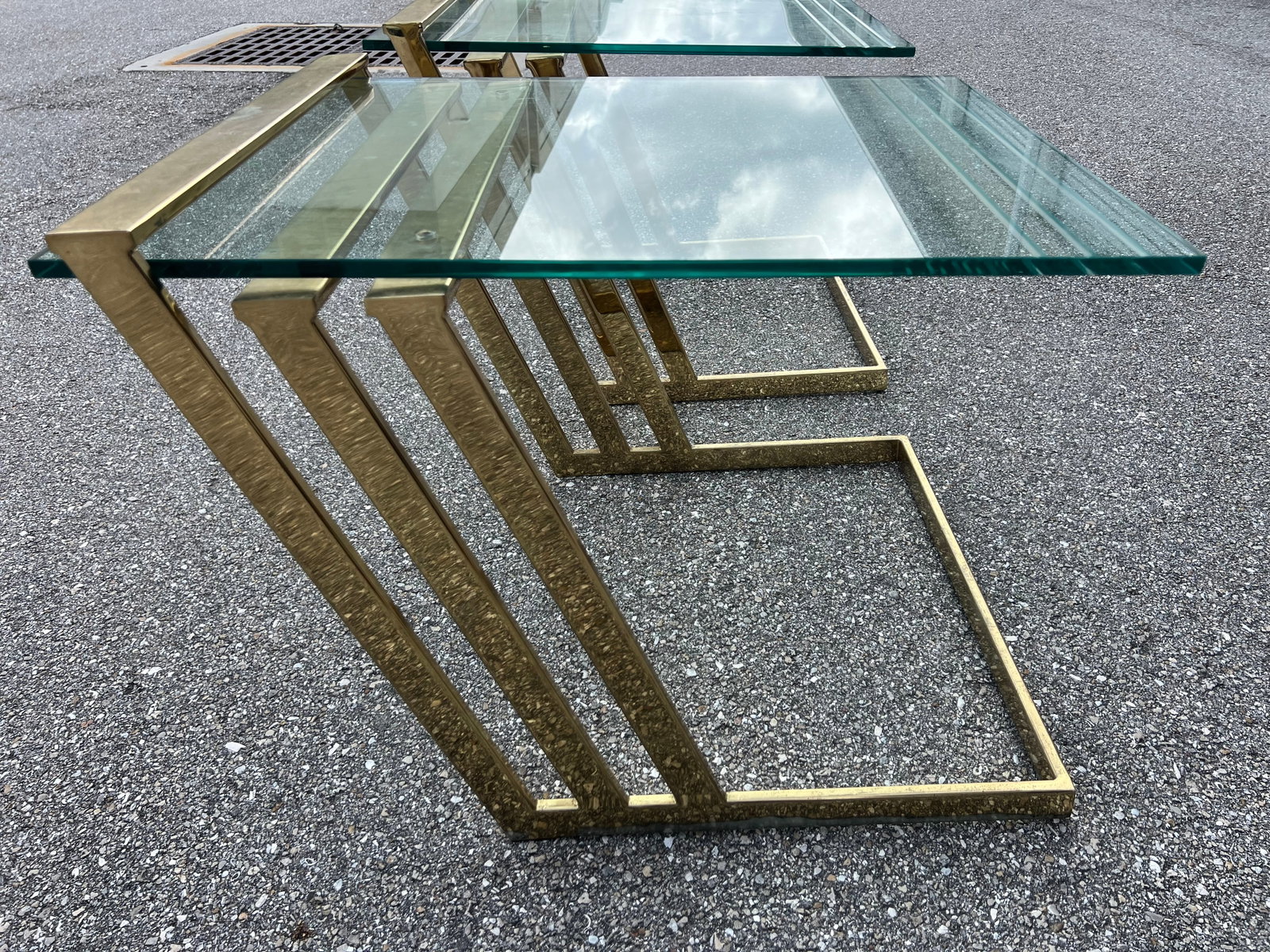 Polished Brass Flat Metal and Etched Striped Glass Top Coffee Table, - 7