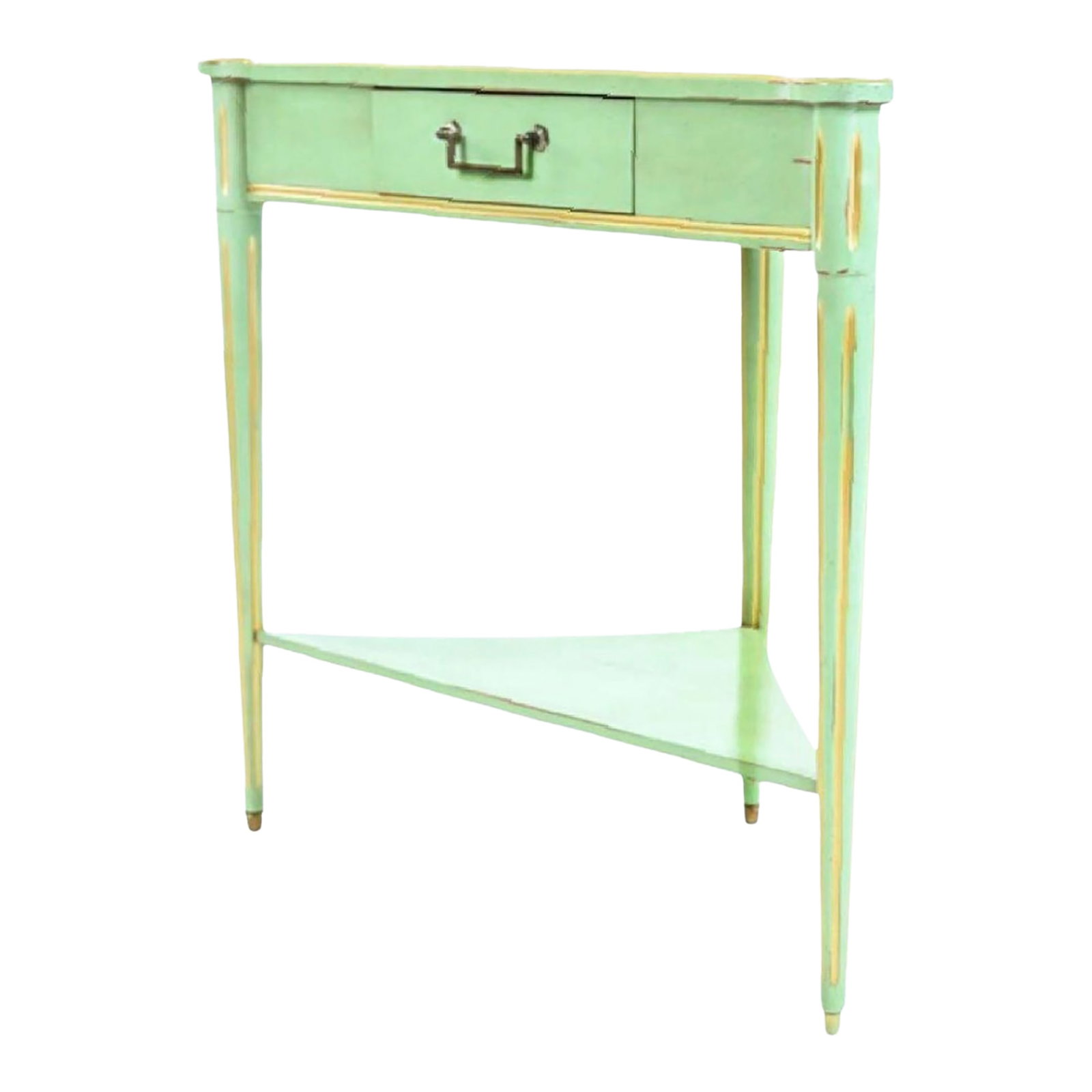 Grange France French Provicincial Seafoam Green Triangular End Table With Drawer, 2000s.: French provincial custom green grange triangular table, corner console, France. French corner table painted green with gold leaf striping, tapered and fluted legs, single drawer with squared bale hand