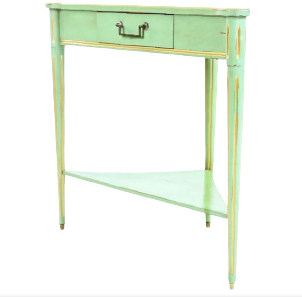Grange France French Provicincial Seafoam Green Triangular End Table With Drawer, 2000s. - 2